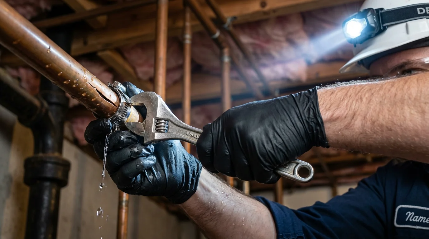 Emergency pipe clamp repair being performed by a Johns Plumbing LLC plumber in Kirksville