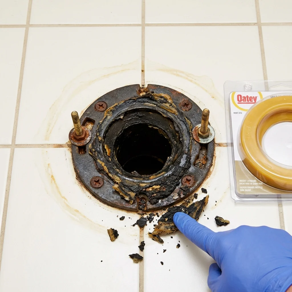 Failed wax ring showing water seepage at the base of a toilet in a Kirksville, MO home