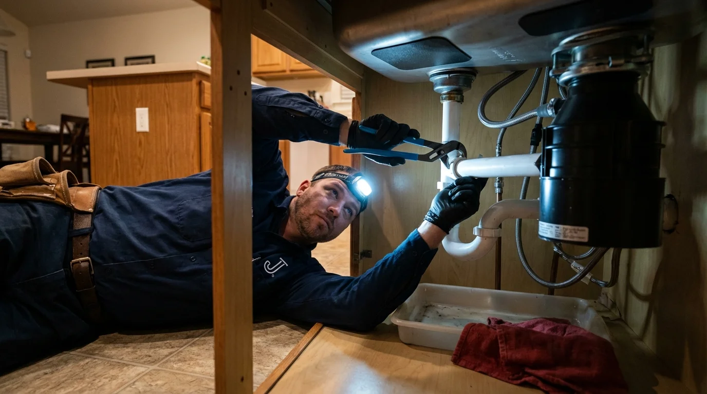 P-trap and supply line connections under a kitchen sink showing a common leak point in Kirksville, MO